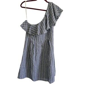 NWT Lunik Women's One Shoulder Ruffle Gingham  Blue Cream Midi Dress Sundress
